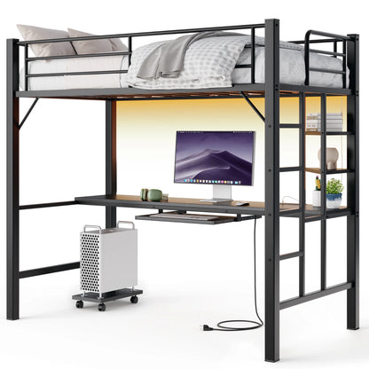 Lofka Twin Loft Bed with L-Shaped Desk, RGB Lights & Charging Station, 400lb Capacity Metal Frame, 3 Shelves & 2 Drawers, Easy Assembly��White