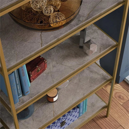 Pemberly Row 5-Shelf Modern Metal Bookcase in Gold Satin/Faux Deco Stone