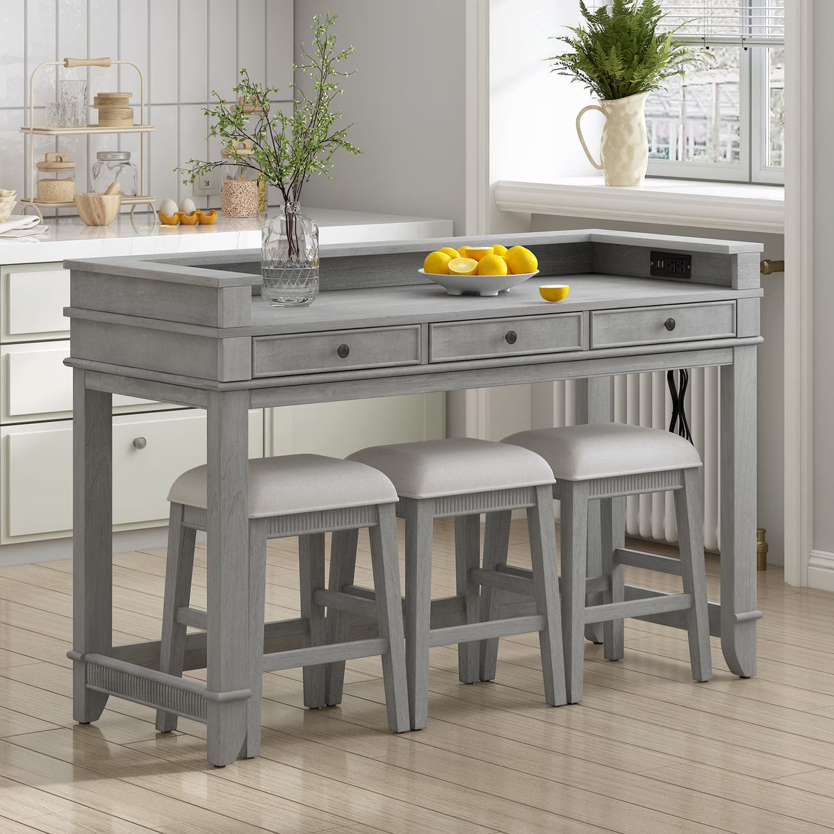 Harper & Bright Designs 4 Piece Bar Table Set for 4, Kitchen Dining Stools Set with 3 Upholstered Stools with 3 Drawers and USB Port, Gray