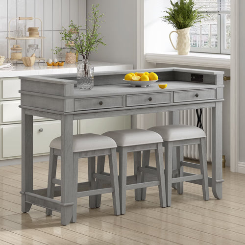 Harper & Bright Designs 4 Piece Bar Table Set for 4, Kitchen Dining Stools Set with 3 Upholstered Stools with 3 Drawers and USB Port, Gray