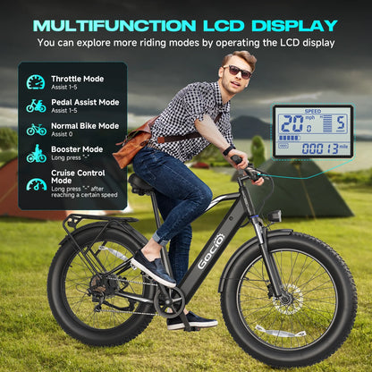 Gocio Electric Bike, 26"x4.0" Fat Tire E-Mountain Bike, Peak 1000W Motor, 28MPH 48V 15Ah Battery Removable Ebike for off Road, Sand, UL2849