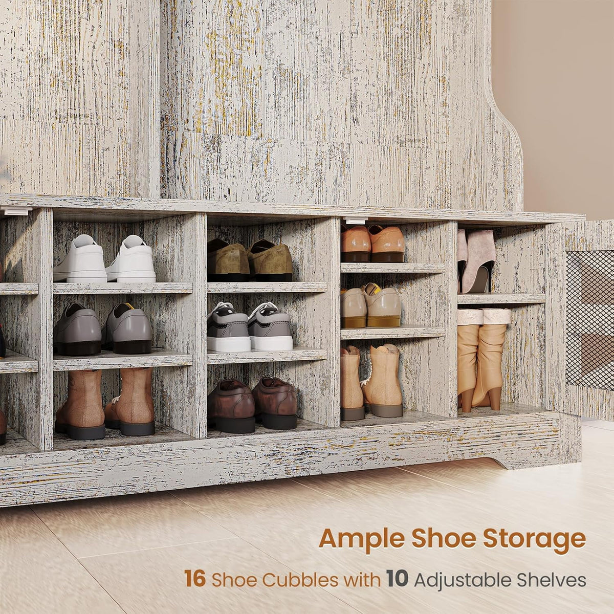 Hall Tree with Coat Rack and 16 Shoe Cubbies, 5-in-1 Entryway Bench with Bench and Shoe Storage, Barn Door & Adjustable Shelf, Embossed White
