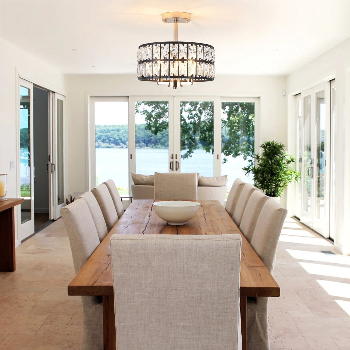 3-Light Crystal Semi Flush Mount Lights for Living Room Hallway French Gold