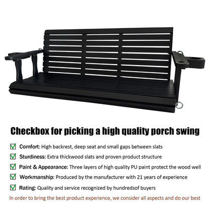 Fortune Candy 3 Person Outdoor Wood Hanging Swing, Heavy Duty 880 lbs Wood Porch Swing, Brown-5ft