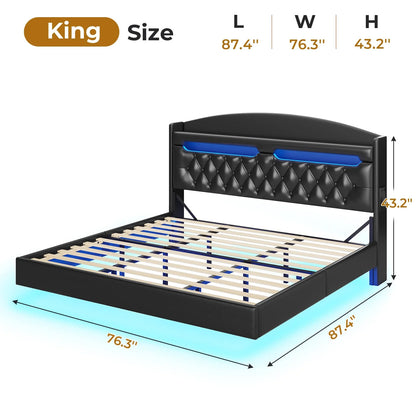 King Size Bed Frame with Storage Headboard and LED Lights,Upholstered Platform Bed with USB Port Charging,Headboard with Shelves Hidden Storage,Noise-Free,Dark Grey