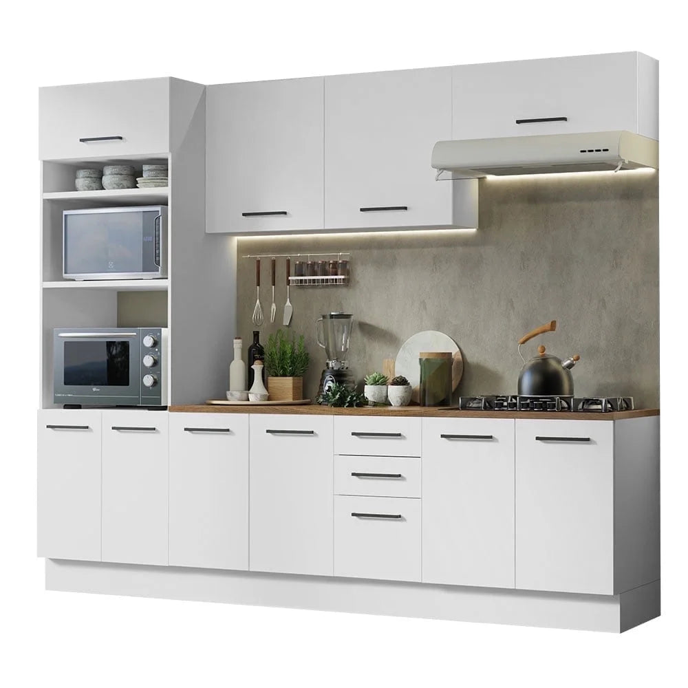 Madesa Full Set Hazel Kitchen Storage Cabinet 107 Inch Wooden Organization Unit with Multiple Compartments Engineered Wood Slab Doors Painted Finish Floor Mount Removable Plinth - White/Brown
