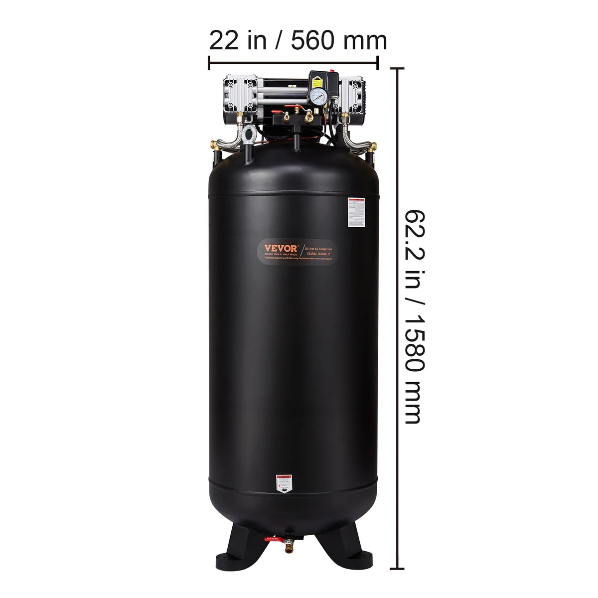 VEVOR 80 Gallon Compressor, 6.5HP, 15.5SCFM@90 PSI, Dual-Stage 145PSI, Oil-Free, 86dB Quiet Operation, Ideal for Manufacturing, Construction, Auto Repair