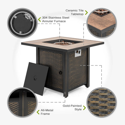 Nuu Garden Square 30" Outdoor Propane Fire Pit Table, 50,000 BTU Gas Fire Pit with Lid, Hand-Woven Wicker, with Glass Beads and CSA Certification