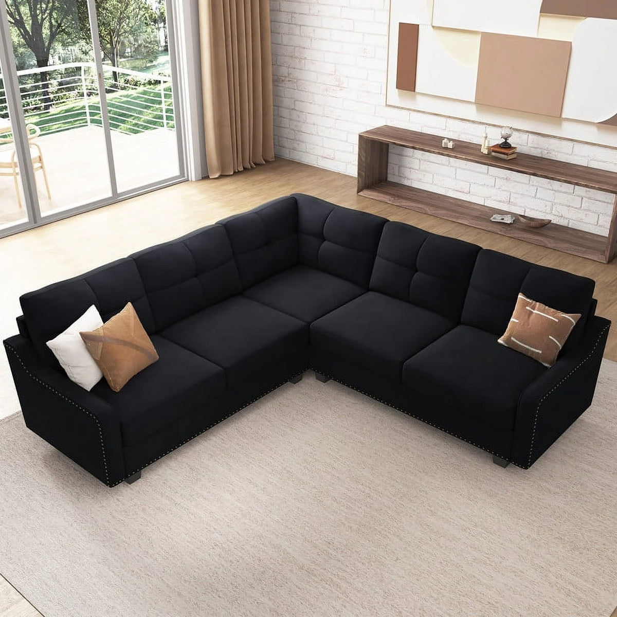 HONBAY Rivet Corner Sofa L-Shaped Sofa Couch Reversible 4-Seater Couch for Living Room and Apartment, Dark Blue