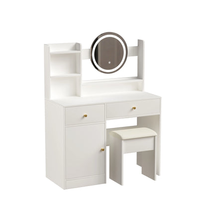 Montary Modern Mini Vanity w/Adjustable LED Mirror + Hidden Storage, Padded Stool & Dustproof Shelves (White)
