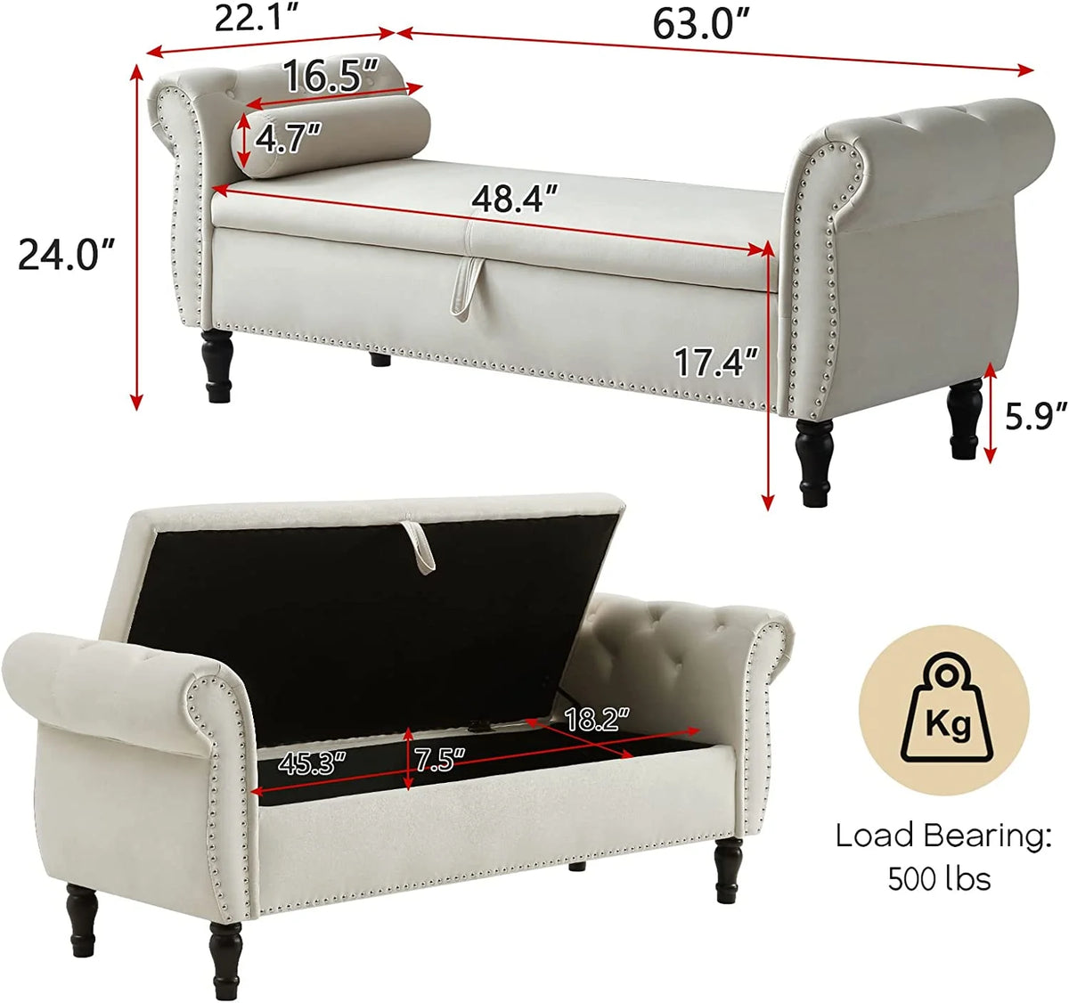 Sumdeal 43.5" Storage Ottoman Bench with 250lb Seating, Linen Upholstered Wood Legs Safety Hinge Flip Top Oval Foot Rest Long Stool for Sofa Couch Bedroom End of Bed Living Room Entryway, White