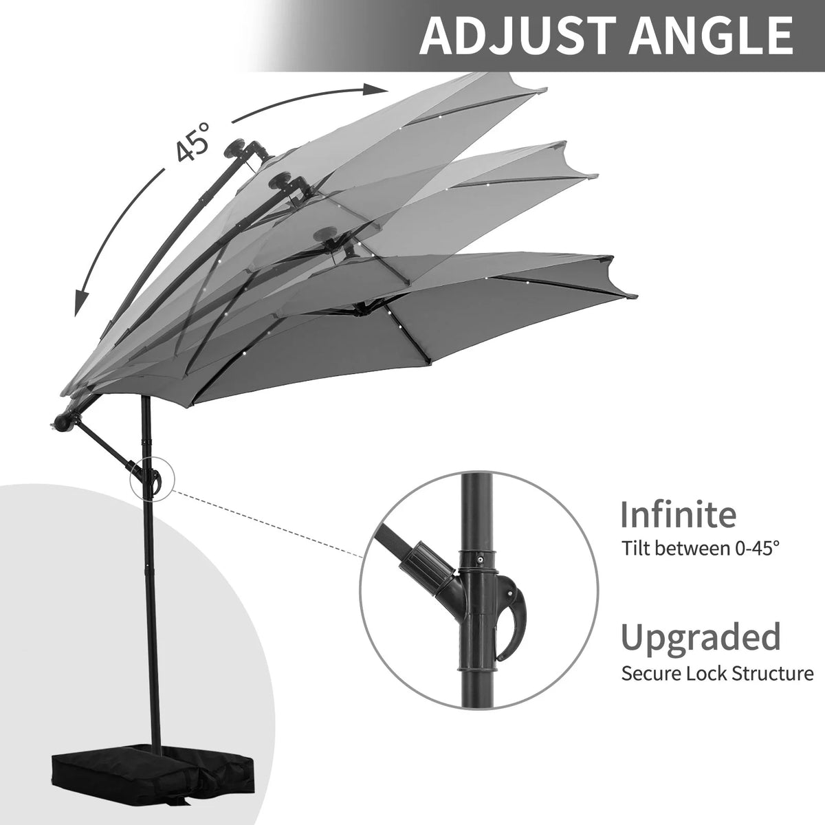 Ainfox 10ft Cantilever Patio Umbrella with Lights, Offset Market Umbrella with Sandbags Weighted Base and Cross Base,Khaki