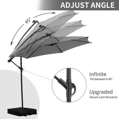 Ainfox 10ft Cantilever Patio Umbrella with Lights, Offset Market Umbrella with Sandbags Weighted Base and Cross Base,Khaki