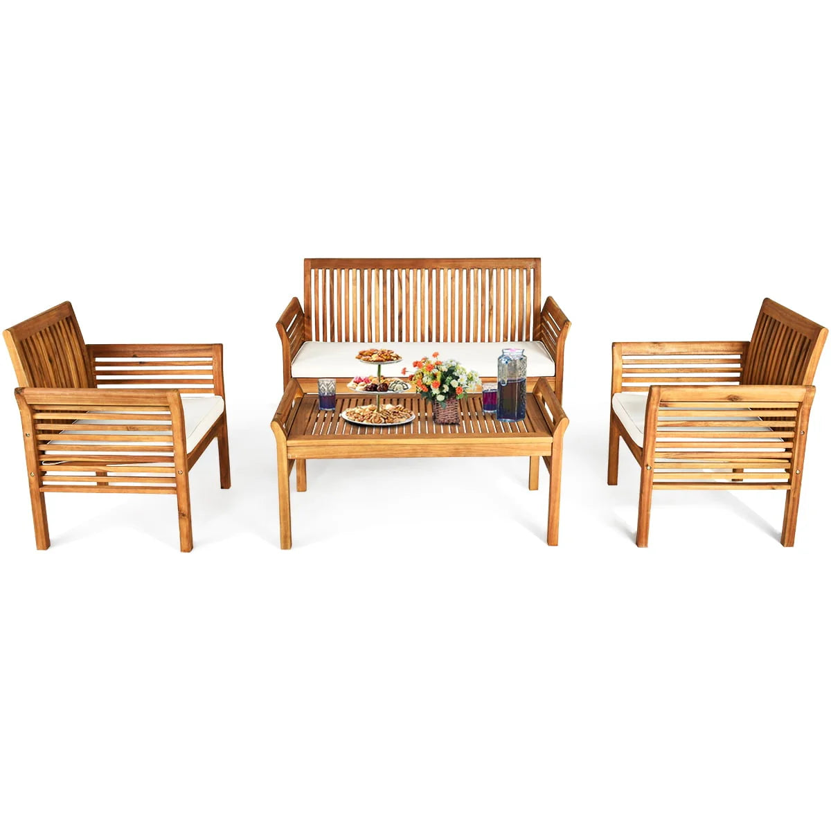 Costway 4 PCS Outdoor Acacia Wood Sofa Furniture Set Cushioned Chair Coffee Table Garden