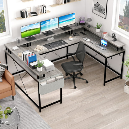 Yesfashion U Shaped Computer Gaming Desk, Reversible L Shaped Desk with Power Outlets, LED Strip & Monitor Stand, Large Corner Desk with Storage Shelves