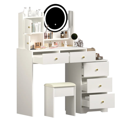 Montary Modern Mini Vanity w/Adjustable LED Mirror + Hidden Storage, Padded Stool & Dustproof Shelves (White)