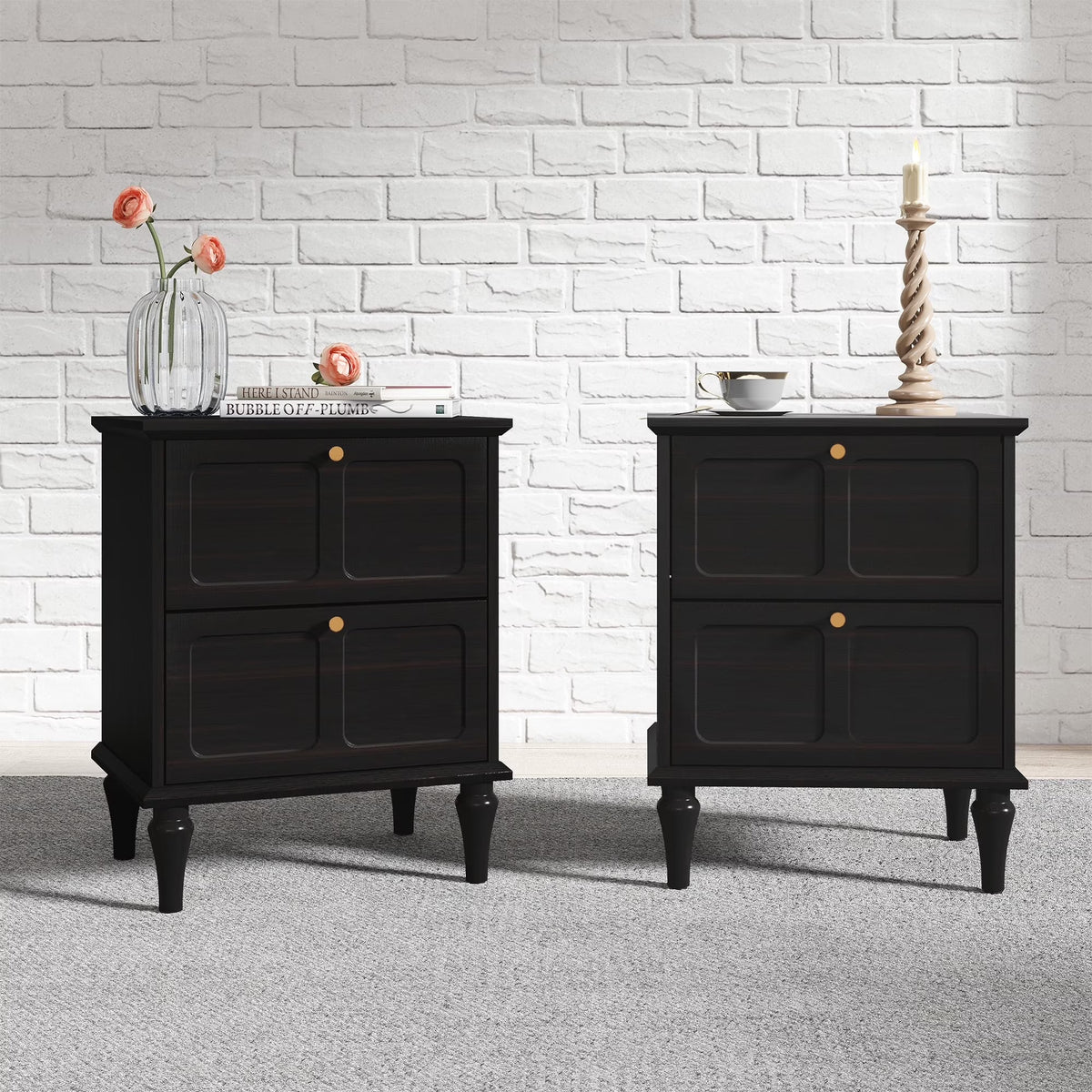 HLR 20" Mid Century Nightstands Set of 2 with Drawers, Wood Bedside Table End Table for Bedroom, Brown