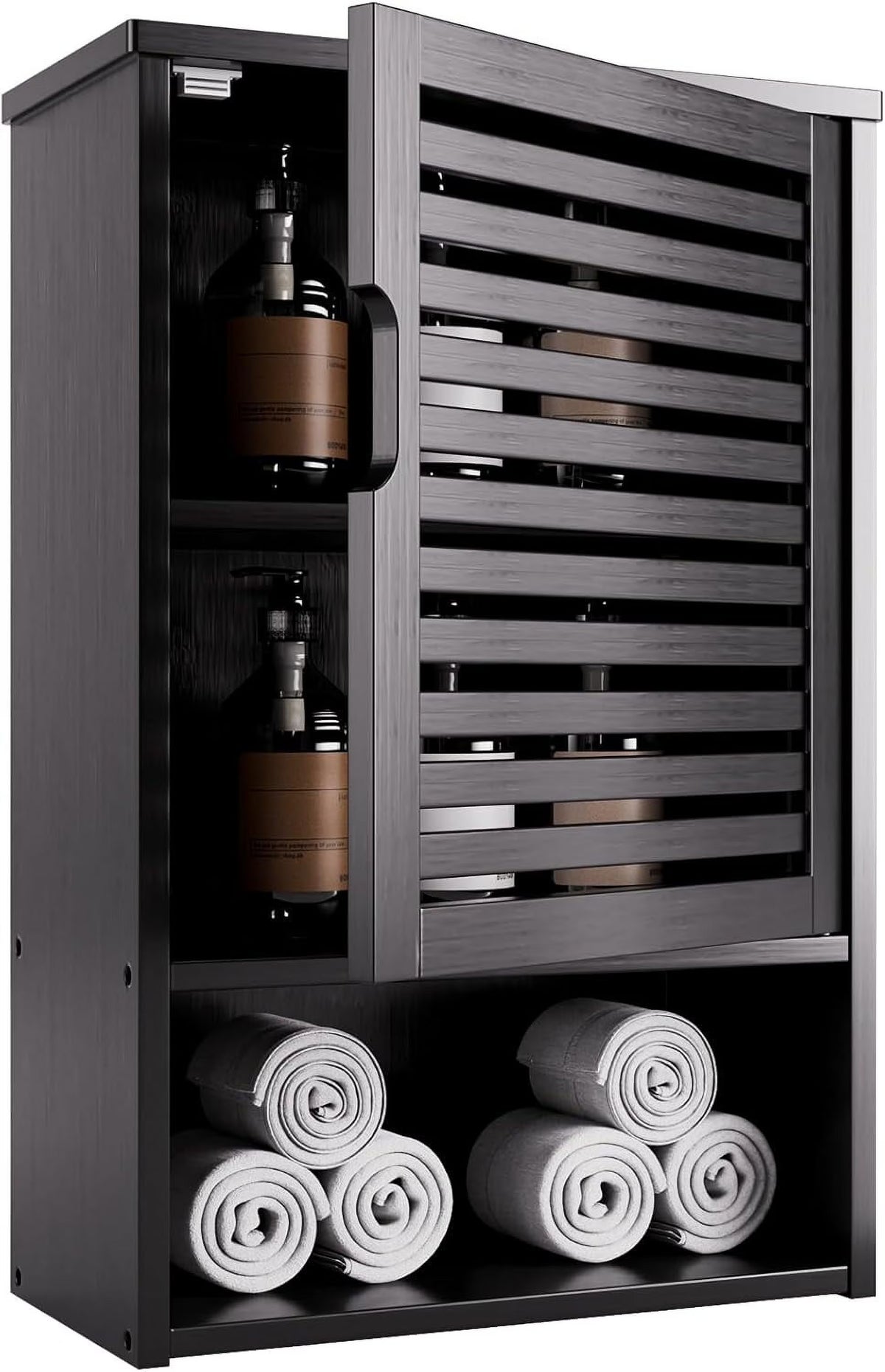 Bathroom Storage Cabinet Wall Mounted, Hanging Medicine Cabinet with Adjustable Shelf, Over The Toilet Space Saver Organizer, Black Bamboo Kitchen Cupboard, Single Door