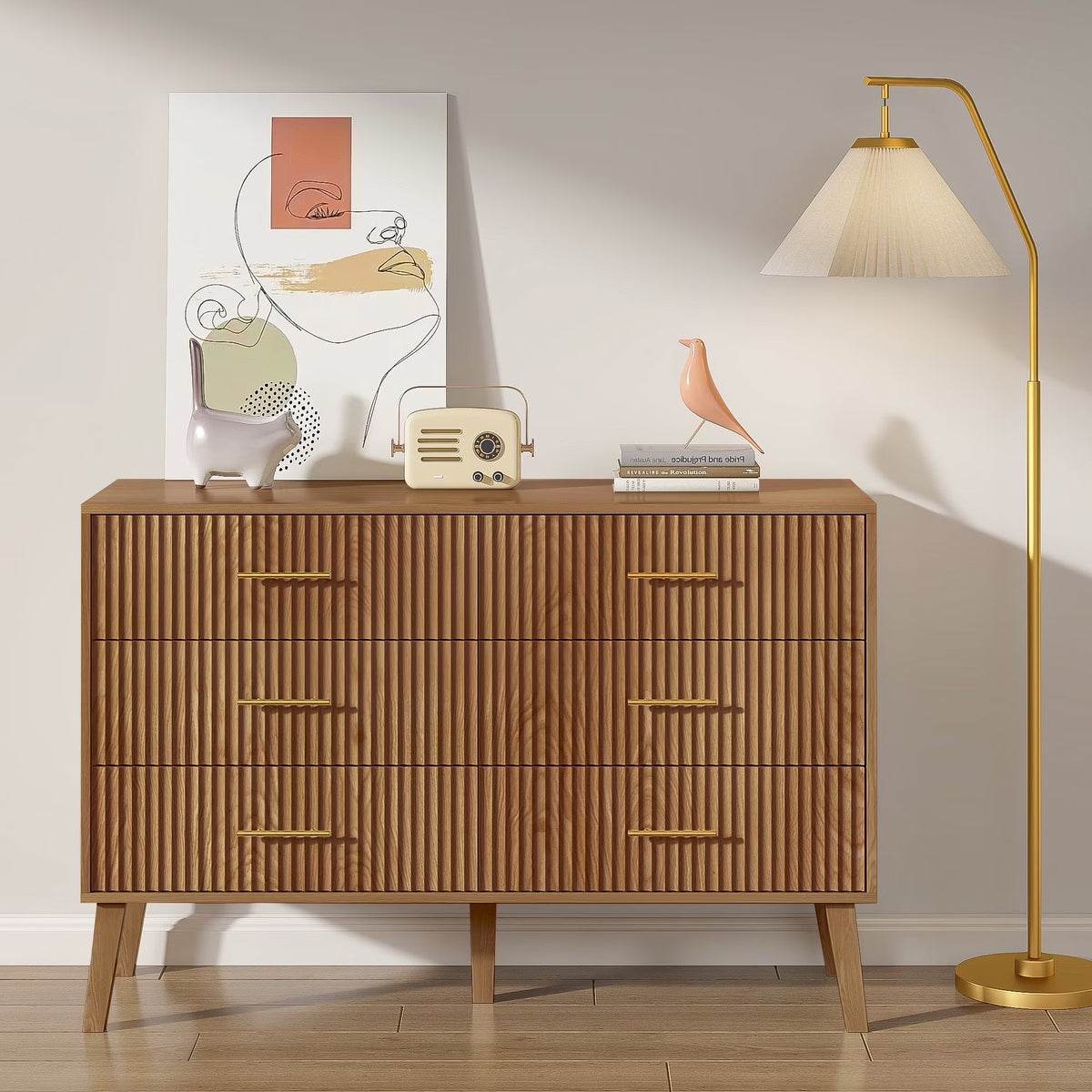 Fluted 6 Drawers Dresser, Wide Modern Chest of Drawers, 6 Drawer Double Dresser