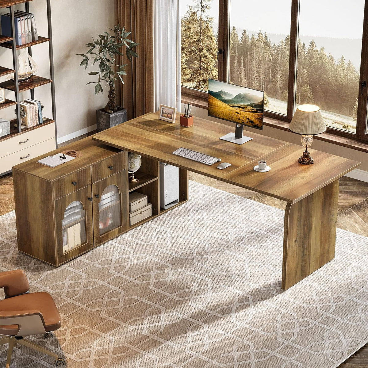 Tribesigns L Shaped Desk, 71-Inch Executive Office Desk with File Cabinet, Farmhouse Large Computer Desk with Drawers, Rustic Brown
