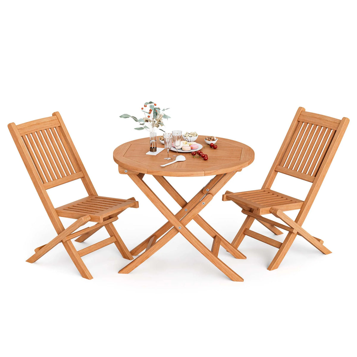 Costway 3pcs Patio Outdoor  Indonesia Teak Wood Bistro Dining Set Folding Chair & Table Slatted