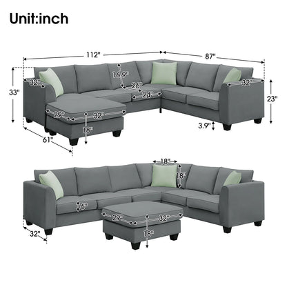 Harper & Bright Designs Modular Sectional Sofa with Ottoman Couch L Shape Corner Sofa Sets 7 Seats Fabric Couch for Living Room, Black, 112 * 87 inch