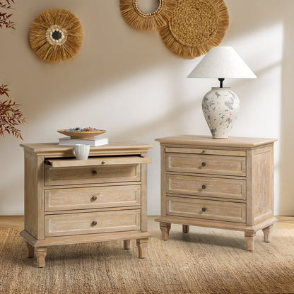 Farmhouse 3 Drawers Nightstand with Tray Bedside Table with Charging Station Acorn