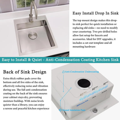 17 Inch Bar Sink Drop In �C  Small Kitchen Sink, Modern 18 Gauge Stainless Steel sink with Brushed Finish, 17"x19"x6" Single Bowl kitchen Sinks for RV, Prep, and Outdoor Use