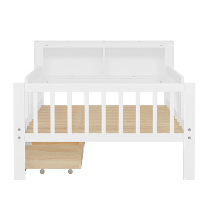 Euroco Wood Twin Size Platform Bed with Storage Headboard and Drawers, Low Profile Bed with Guardrails for Kids and Toddlers, White