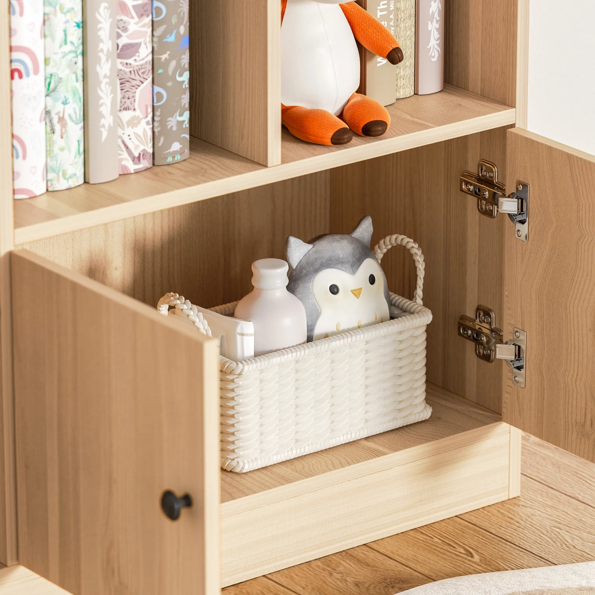 DIYART White Kids Bookshelf, Kids Bookcase with 7 Cubbies and 2 Cabinets, Freestanding Book Storage Shelves for Bedroom, Playroom, Hallway