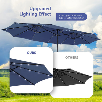 Costway 15FT Twin Patio Double-Sided Umbrella 48 Solar LED Lights Crank Outdoor Beige