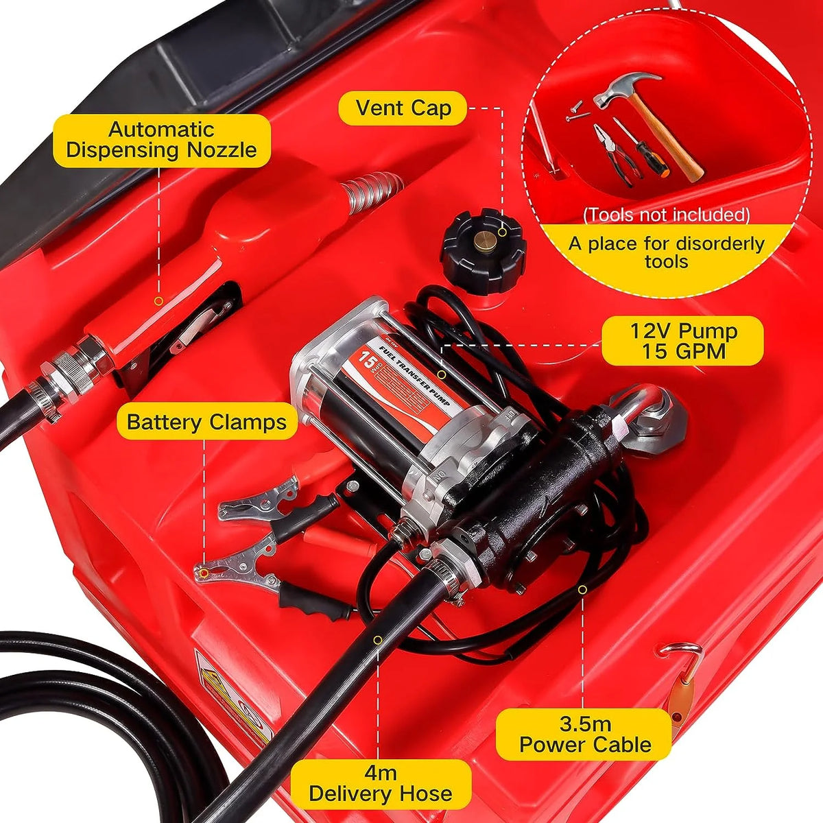 Portable 48 Gallon Fuel Tanks with 12V DC Gasoline Fuel Transfer Pump 15 GPM