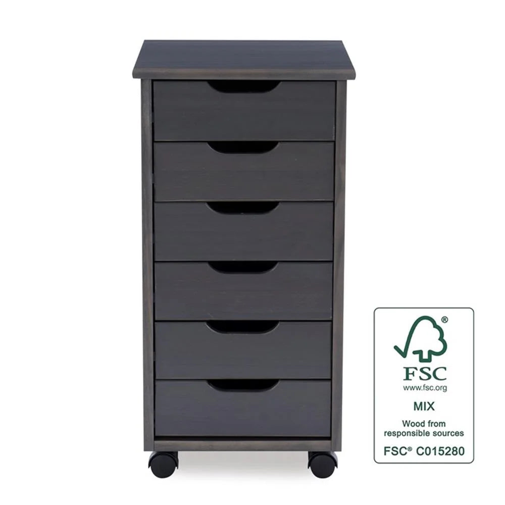 Riverbay Furniture Six Drawer Wood Rolling Storage Cart in Brown