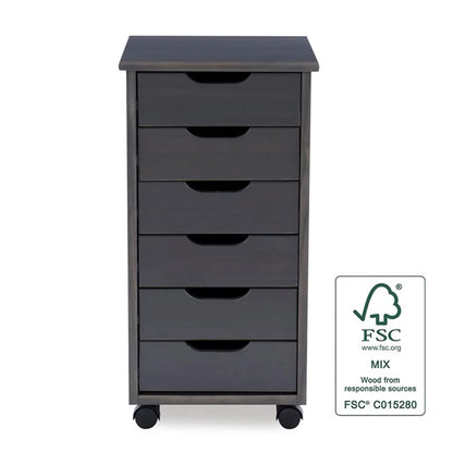 Riverbay Furniture Six Drawer Wood Rolling Storage Cart in Brown