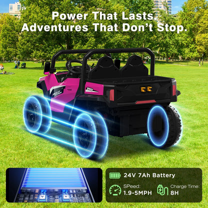 Mega Motion 24V Kids Electric Ride-On UTV Truck with 4WD, Dump Bed, 2 Seats, LED Lights, Music, Remote Control, Shovel, for Boys & Girls