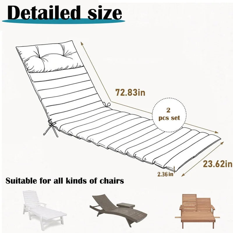 2pcs Outdoor Chaise Lounge Cushions, Waterproof Patio Foldable Chair Cushion for Garden Pool, 73 x 24in Sun Lounger Cushions for Outdoor Furniture��Navy blue��