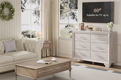 Homhougo White Dresser for Bedroom 6 Drawer, Wood Organizer Storage Cabinet with Gray Strip Drawer Door, Chest of Drawers for Closet, Living Room, Hallway, Nursery, Kids Bedroom