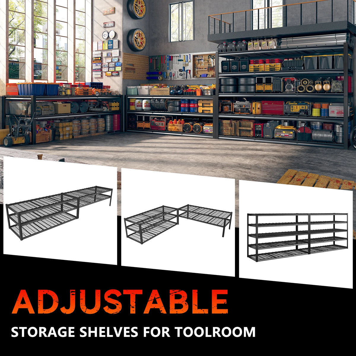 REIBII 60" W Garage Shelving 3000LBS Heavy Duty Storage Shelves Adjustable 5 Tier Metal Storage Rack,60" W x 24" D x 72" H