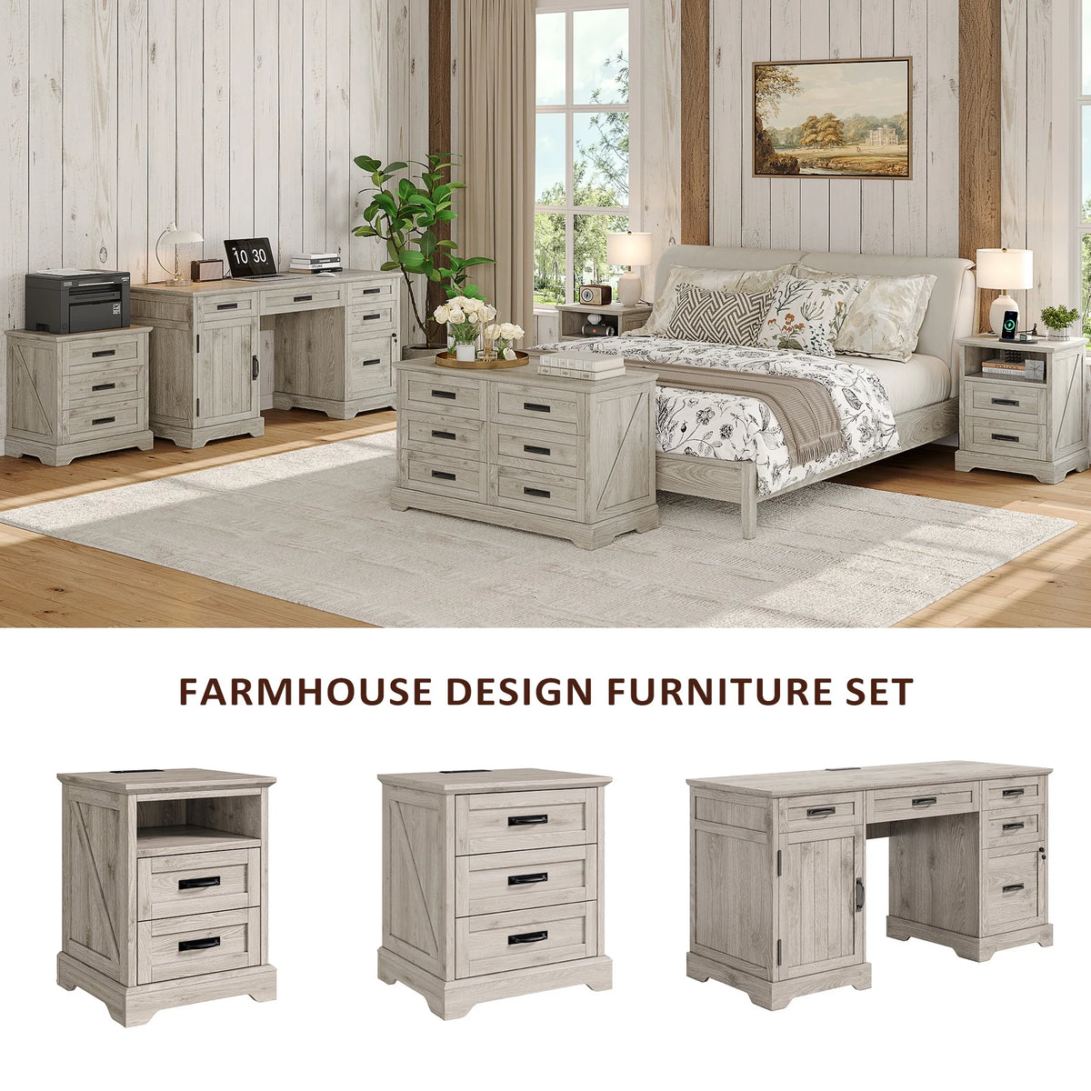 Farmhouse Nightstand Set of 2, 22 inch Side Table with Charging Station for Bedroom, 2PCS, White