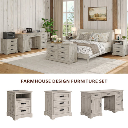 Farmhouse Nightstand Set of 2, 22 inch Side Table with Charging Station for Bedroom, 2PCS, White