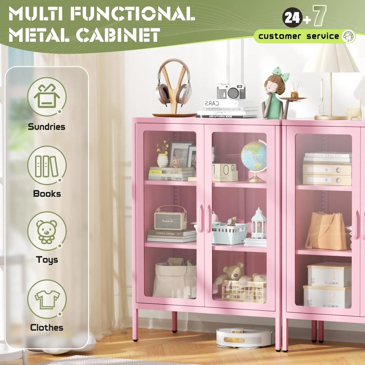 SUNCROWN Metal Storage Cabinet, Curio Display Cabinet with 2 Glass Display Door and 4 Shelves, Side Storage Organize, Modern Bookshelf Cabinet for livingroom, Bedroom, Kitchen, Black