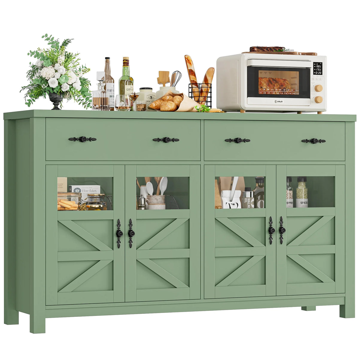 Homfa Farmhouse 55.1"WKitchen Buffet Cabinet with Storage Drawer & Adjustable Shelf, Glass Door Wood Sideboard Credenza Coffee Bar with for Dining Room Living Room, White & Black