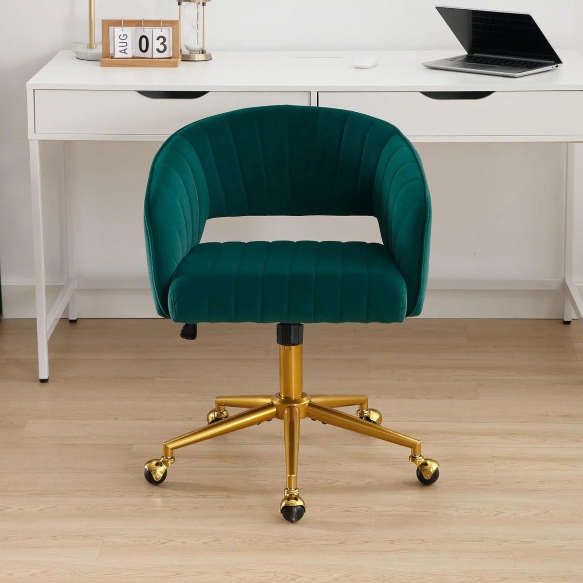 Westice Home Office Desk Chairs, Velvet Task Chair, Height Adjustable Swivel Vanity Chair with Golden Base for Vanity Study, Living Room Computer Room, Beige