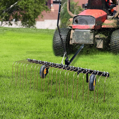 Pull Behind Rake for Riding Mower 60 Inch,Pine Straw Rake for ATV,Tow Behind Pine Needle Rake for Tractor,Tractor Rake with Lift Handle & 24 Steel Tines for Leaves,Pine Needles,Grass