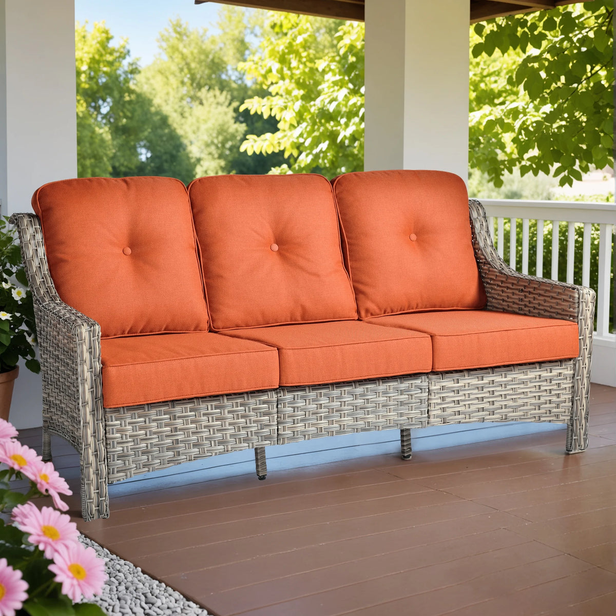 Ovios Outdoor Patio Sofa 3-Seater with Cushions All-Weather Wicker Rattan Couch for Garden, Porch, or Backyard
