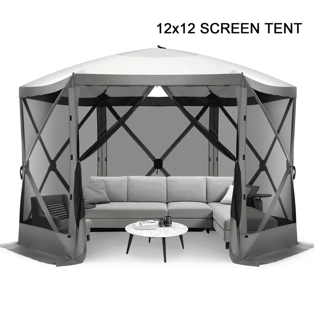 COBIZI 12'x12' Pop-up Gazebo Outdoor Camping Tent with 6 Sides Mosquito Netting, Waterproof, UV Resistant, Portable Screen House Room, Easy Set-up Party Tent with Carry bag, Ground Spike, Brown