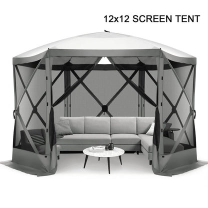 COBIZI 12'x12' Pop-up Gazebo Outdoor Camping Tent with 6 Sides Mosquito Netting, Waterproof, UV Resistant, Portable Screen House Room, Easy Set-up Party Tent with Carry bag, Ground Spike, Brown