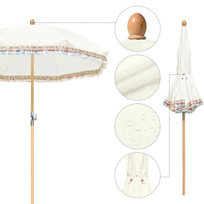 LAGarden 6 Ft Fringe Patio Umbrella with Tassel Jazz Age Wood UPF50+ for Outdoor, Beige with gold tassel,Model: JZ6-01