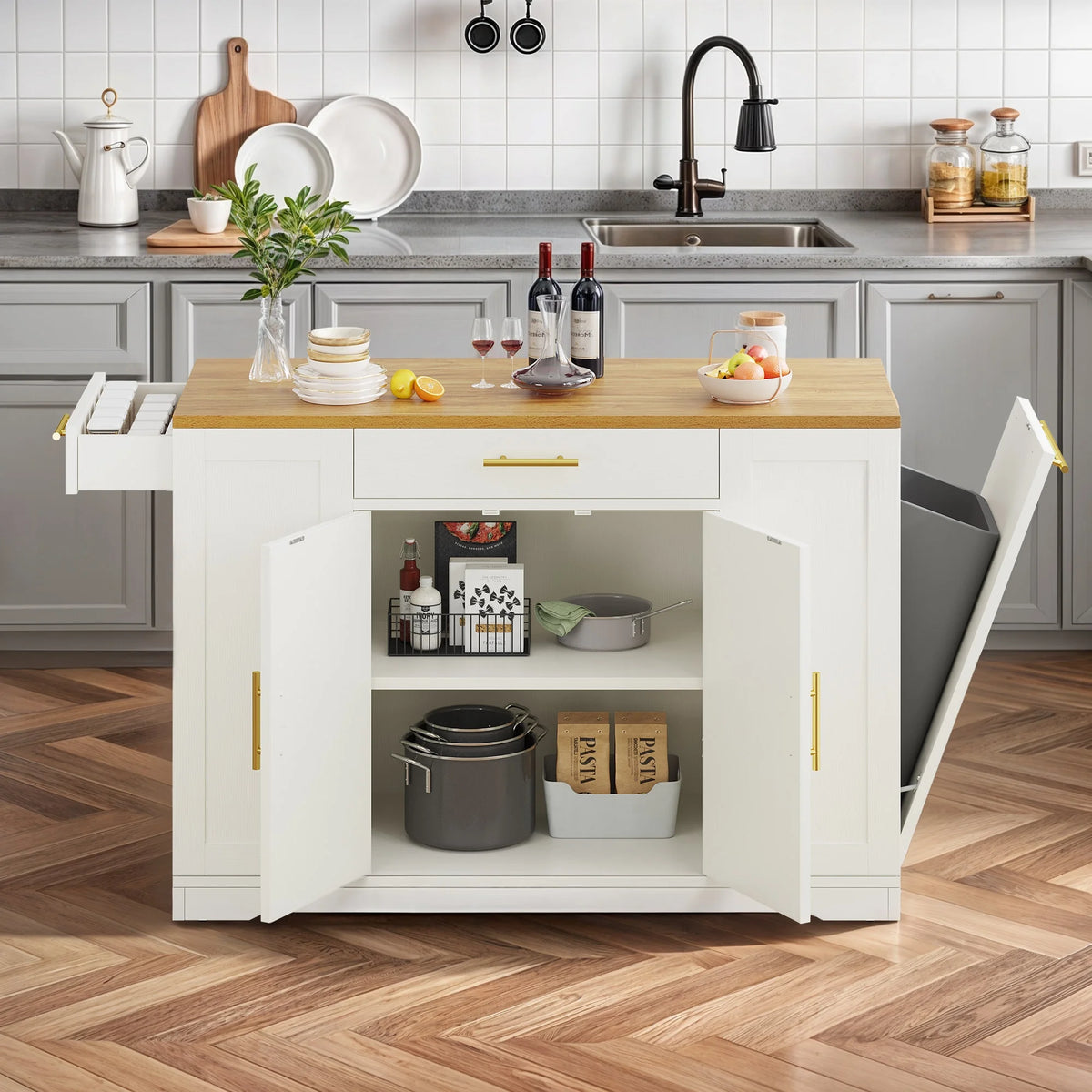 DWVO Kitchen Storage Cart with Trash Can Storage Cabinet, Rolling Kitchen Island with Wheels and Drawers for 13-Gallon Trash Bin, Gray