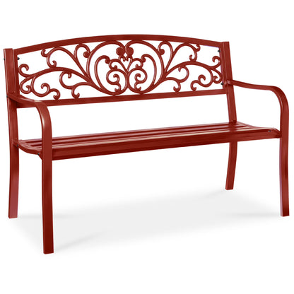 Best Choice Products Outdoor Steel Bench Garden Patio Porch Furniture w/ Floral Design Backrest - Black